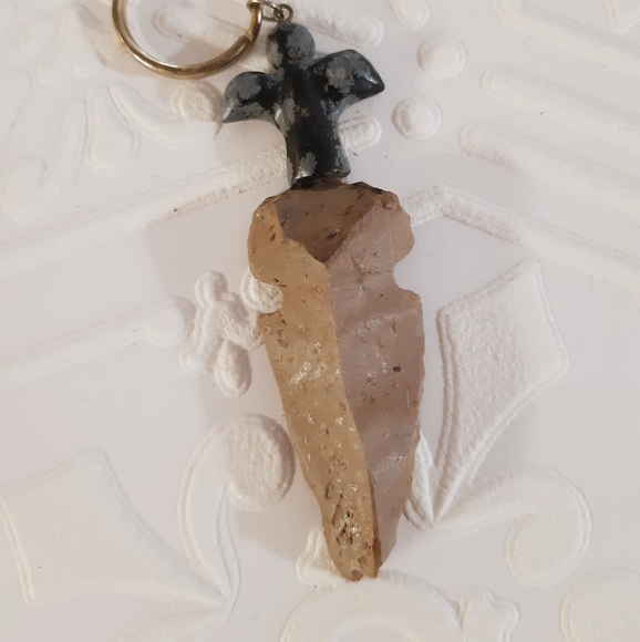Snowflake Obsidian Stone Arrowhead Keychain Charm - Picture 3 of 4